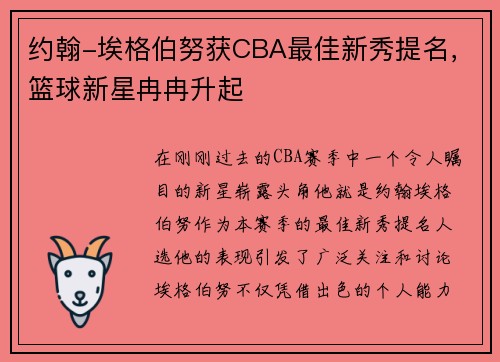 约翰-埃格伯努获CBA最佳新秀提名，篮球新星冉冉升起