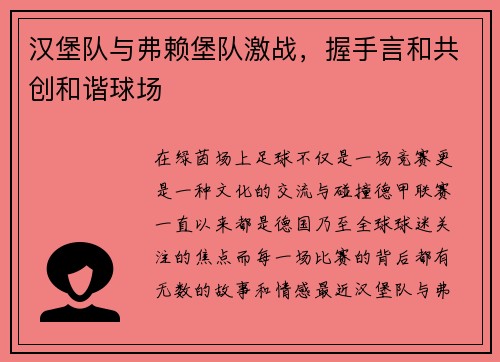 汉堡队与弗赖堡队激战，握手言和共创和谐球场